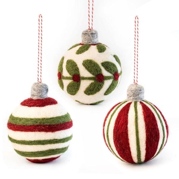 Green and Red Decorative Baubles (Handmade NZ Wool Felt Decoration Set)  by Vevoke at Abbey's Bookshop, 