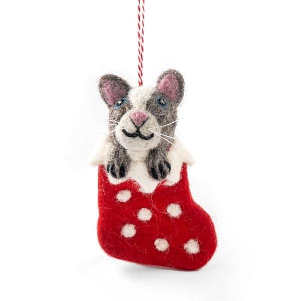 Cat Grey Stocking (Handmade NZ Wool Felt Decoration)  by Vevoke at Abbey's Bookshop, 